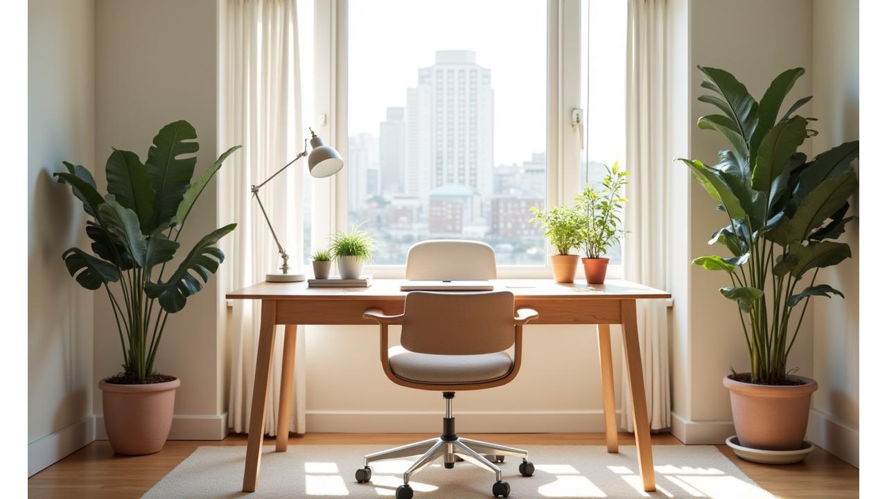 A beautifully designed, minimalist home office setup in a bright London apartment, featuring a light wood desk, an ergonomic chair, a thriving potted plant, and natural light streaming through a window. The space feels productive and serene.
