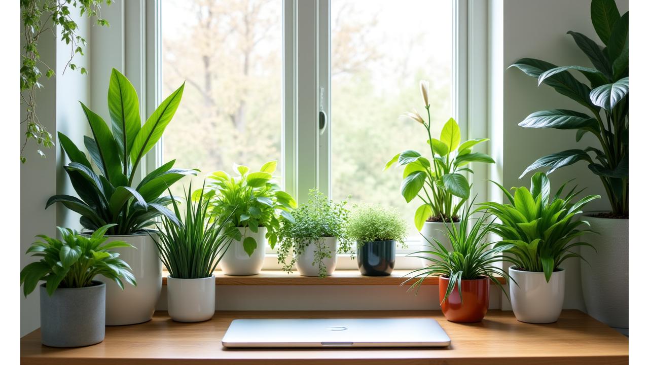 Various office-friendly plants like Snake Plants, ZZ Plants, and Pothos arranged aesthetically on a desk and shelf in a bright, airy London apartment office.