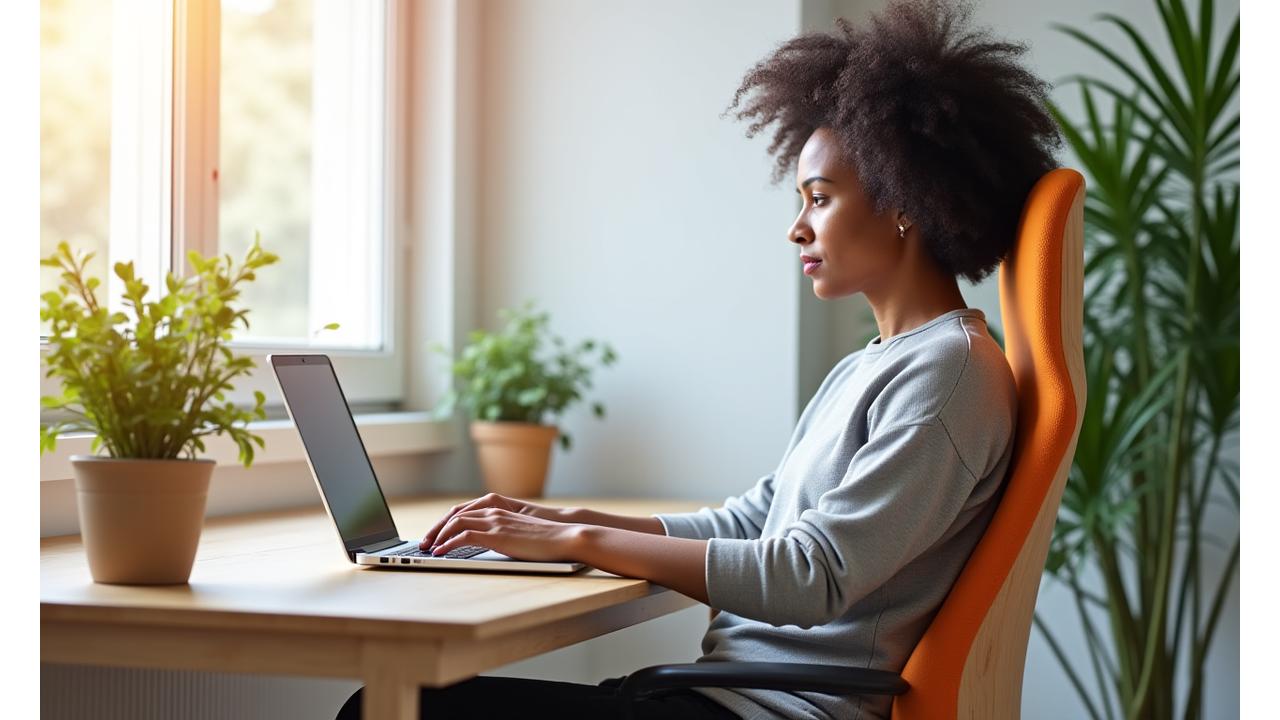 A person seated comfortably in an ergonomic, sustainable office chair at a wooden desk with a lush potted plant, demonstrating good posture and focused work.