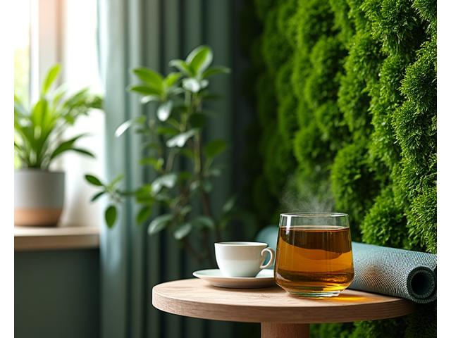 A vibrant green wall in an office next to a yoga mat and a cup of herbal tea, representing work-life balance through sustainable design.