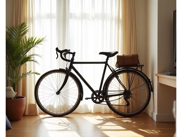 A stylish bicycle parked inside a modern apartment next to a work bag, suggesting sustainable commuting alternatives for hybrid remote workers.
