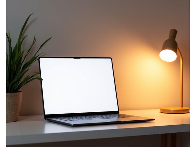 A minimalist desk setup with a single laptop, a small plant, and warm diffused light, emphasizing digital minimalism and focus.