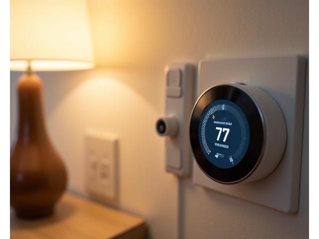 A smart plug connected to a desk lamp, next to a thermostat displaying energy-saving settings, symbolizing an energy-efficient office.