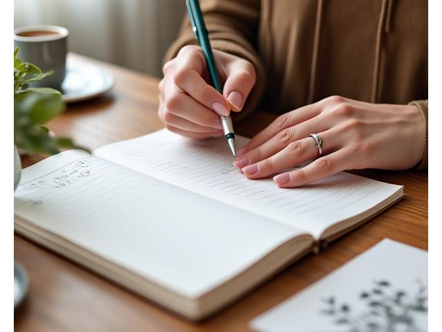 A close-up of a hand writing in a sustainable planner with a plant-based pen, alongside a 'mindfulness' card, signifying mindful work habits.