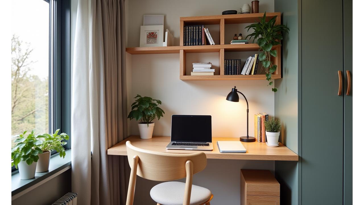 A compact yet stylish home office setup within a small London apartment, featuring a foldable desk, wall-mounted shelves with plants, and smart storage, maximizing space efficiently.