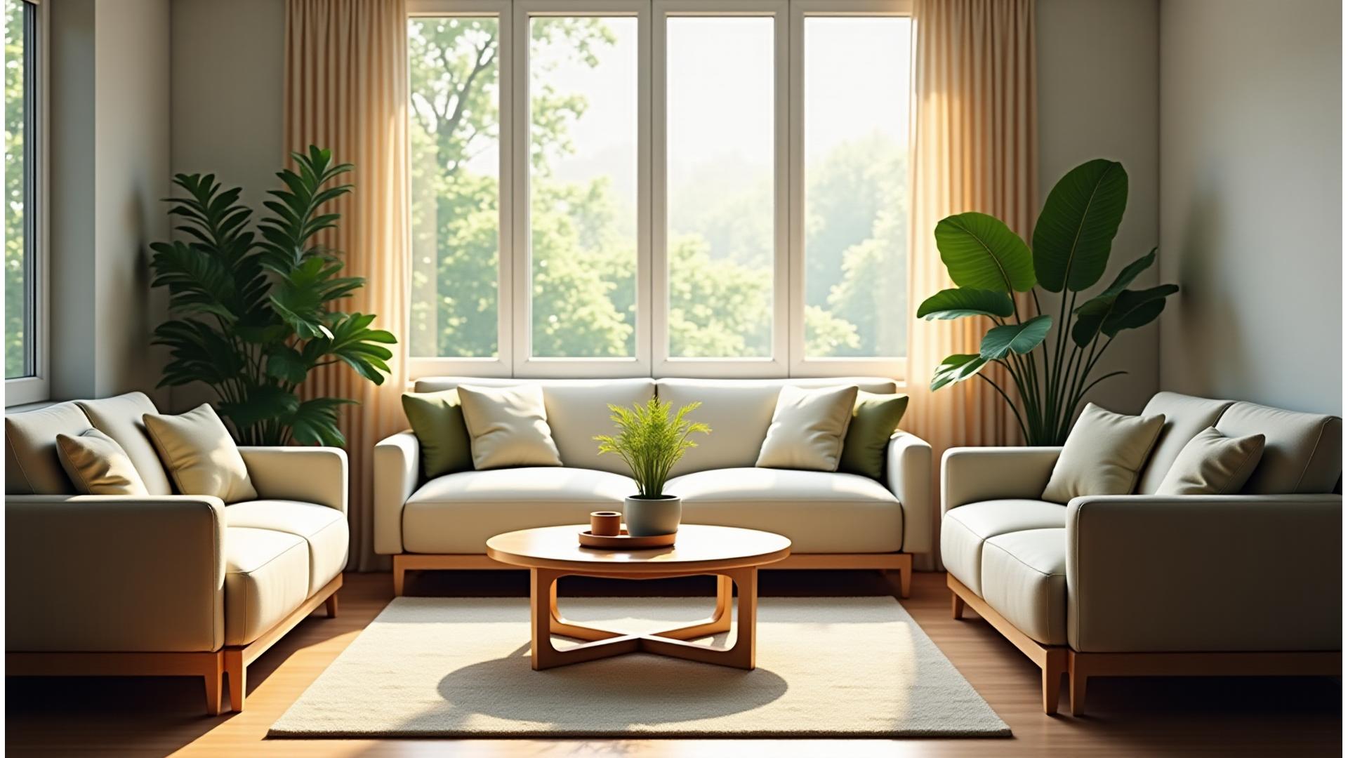 Beautifully styled living room with natural light, reclaimed wood furniture, thriving potted plants, and organic-textured cushions, embodying a serene and sustainable home aesthetic. Green and earthy tones dominate.