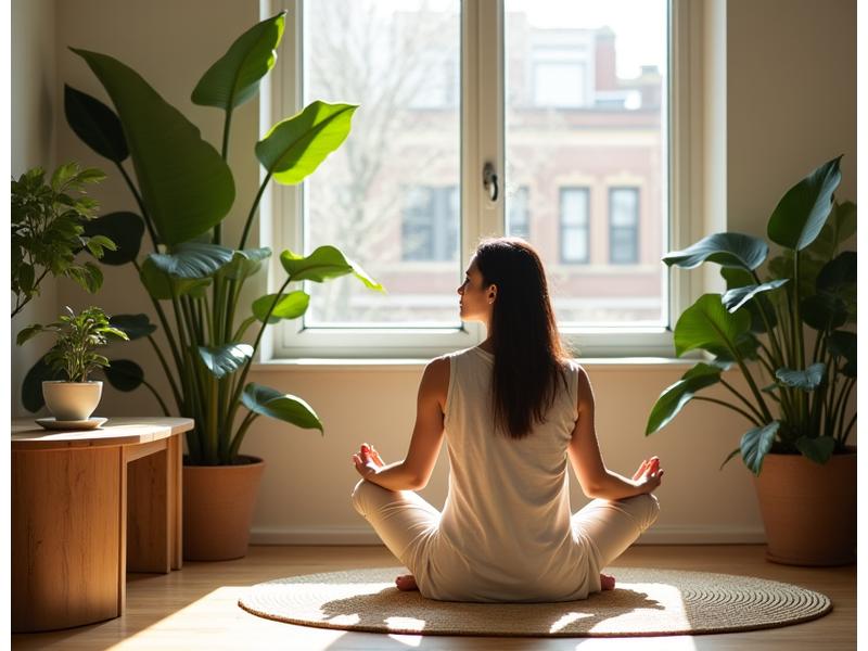 A woman practices gentle yoga in a sunlit room, surrounded by minimalist eco-friendly decor and lush indoor plants, symbolizing peace and mindful living.