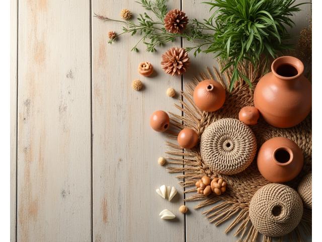 A collection of artisanal pottery, hand-woven baskets, and carved wooden figures displayed on a natural fiber mat, showcasing intricate details and handcrafted quality.
