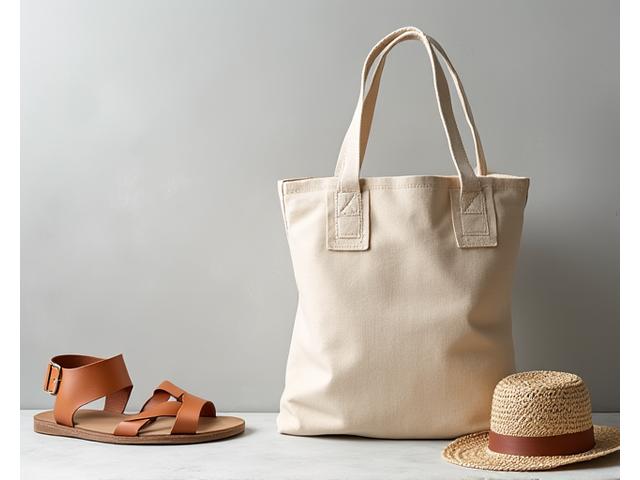 Close-up of a stylish, sustainably made canvas tote bag with subtle embroidery, next to a pair of plant-based leather sandals, emphasizing texture and ethical fashion accessories.