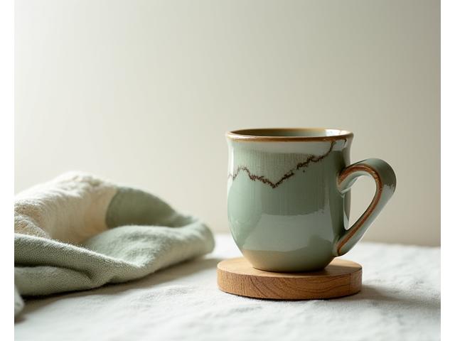 Handmade ceramic mug on a reclaimed wood table with a linen placemat and soft natural light highlighting textures of sustainable home goods.