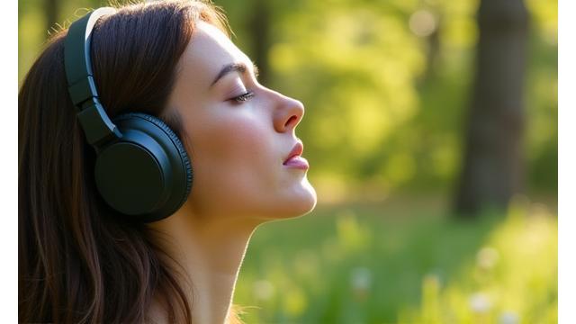 A person listening to headphones in a peaceful, natural setting, symbolizing audio meditation