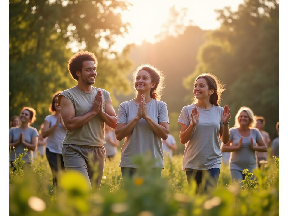 Diverse group of people in a park engaging in a community wellness activity, symbolizing connection and shared journey