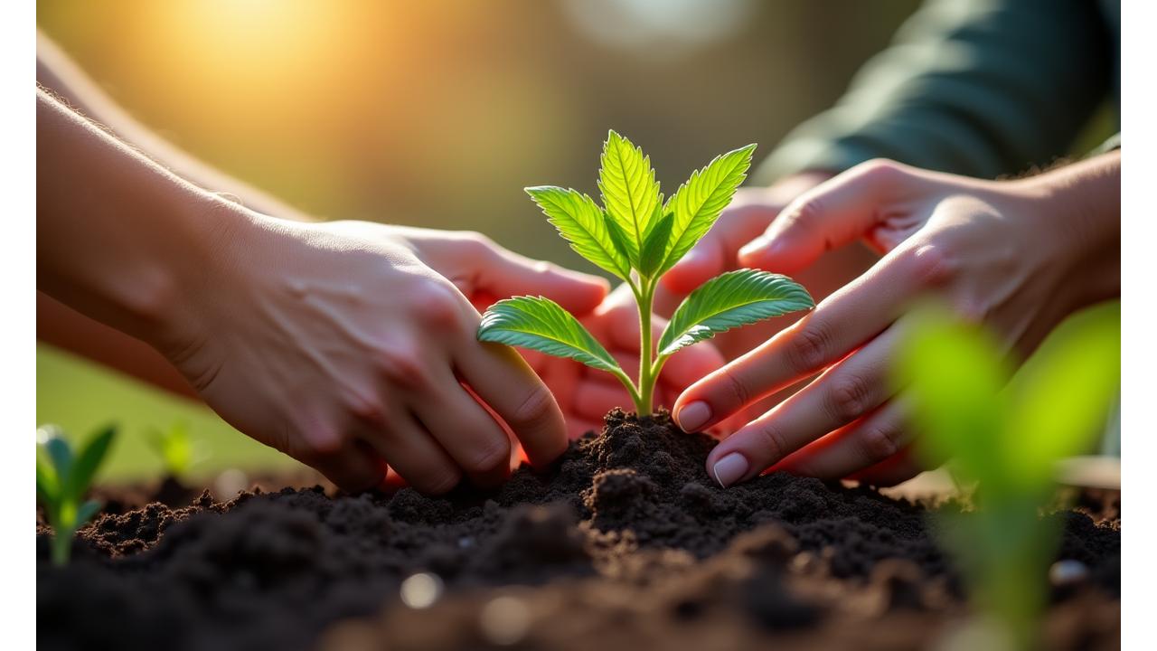 A tranquil scene of hands gently tending to a small garden, with light shining through leaves, representing the connection between mindfulness and sustainable living practices