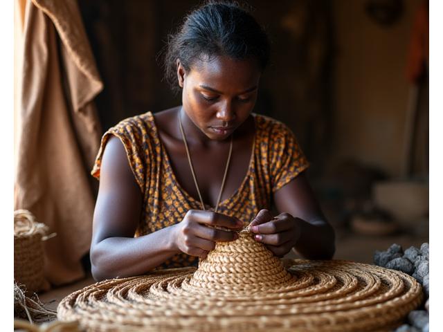A skilled artisan carefully weaving a natural fiber basket in a sunlit workshop.