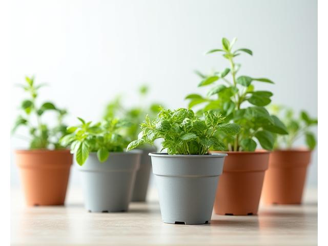 A collection of EcoPot biodegradable plant pots filled with small herbs, arranged on a wooden surface.