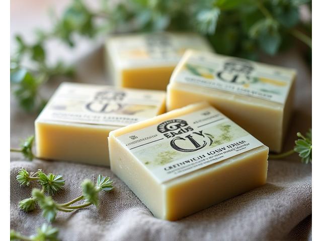 A close-up of beautifully packaged Greenwich Soaps, made with natural ingredients and botanical patterns.