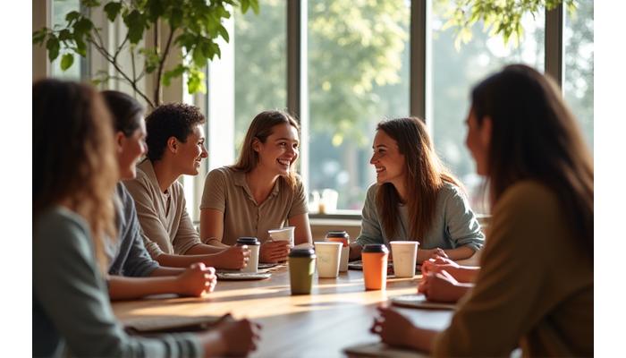 A diverse group of people sitting around a table, laughing and engaging in a discussion, perhaps at a community workshop or event, in a bright, natural setting.