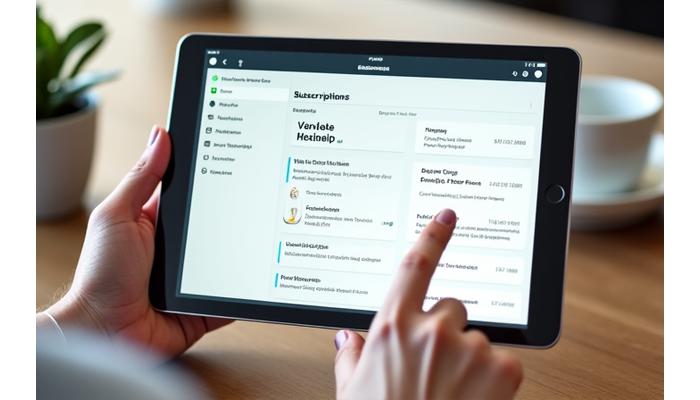 A user-friendly dashboard interface on a tablet screen, showing options to pause a subscription, skip a month, update preferences, and view past orders in a clean, modern design.