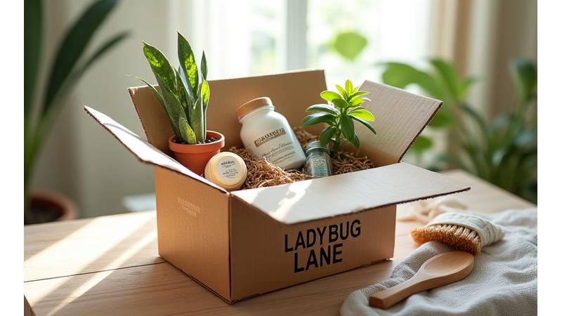 Open Ladybug Lane subscription box revealing an array of eco-friendly products like a reusable coffee cup, handmade soap, and a small plant, surrounded by natural light.