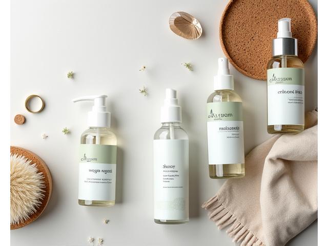 A collection of gentle, eco-friendly cleaning products and soft brushes specifically for different sustainable accessory materials like vegan leather cleaner, jewelry polishing cloth, and a fabric spray for organic silks.