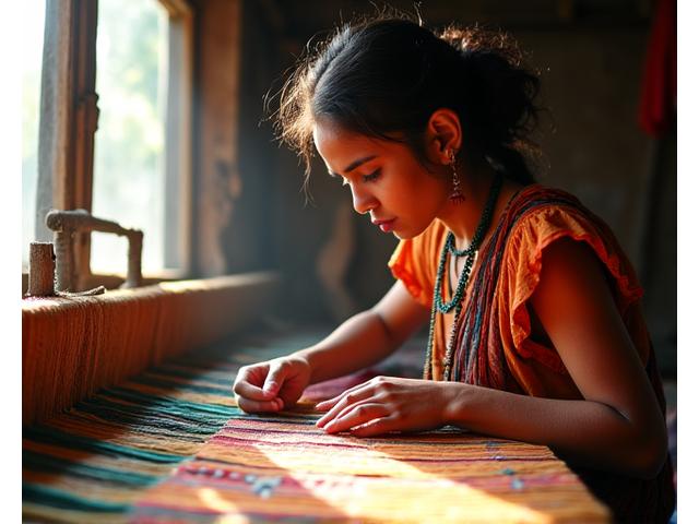 A skilled artisan in a sunlit workshop in India, focused on weaving intricate patterns into a textile on a traditional loom, surrounded by colorful threads.