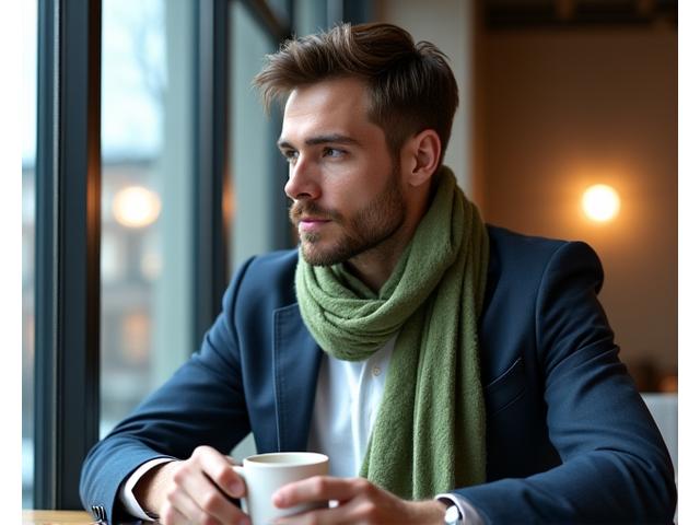 A professional woman enjoying a coffee in a trendy Canary Wharf cafe, her sustainable artisan scarf adding a pop of color to her business casual attire.