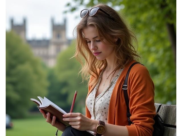 A creative professional sketching in Greenwich Park, wearing a unique, upcycled belt and an eco-friendly watch, reflecting relaxed, conscious style.