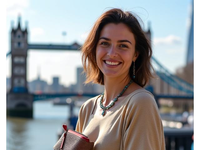 A customer smiling genuinely, wearing a statement ethical necklace and a natural-material wristlet, against the iconic backdrop of London Bridge on a sunny day.