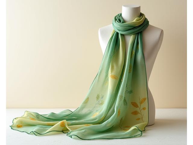 A luxurious, flowing scarf made from organic peace silk, digitally printed with botanical patterns, draped artfully on a mannequin.