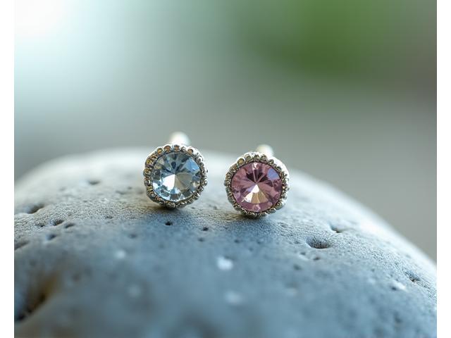 A close-up of delicate, handcrafted silver earrings with a single, ethically sourced, conflict-free amethyst stone, set against a blurred natural background.