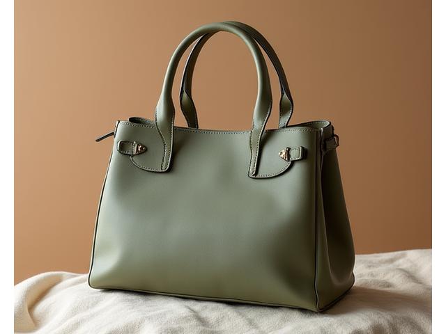 A stylish, vegan leather handbag made from pineapple fibers, with clean lines and a contemporary design, resting on a natural wooden surface.