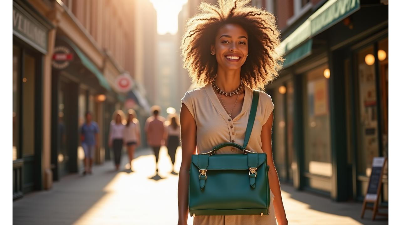 A diverse model confidently walking through a vibrant London street, wearing a stylish, ethically-made recycled plastic handbag and a statement artisan necklace, embodying effortless sustainable fashion.