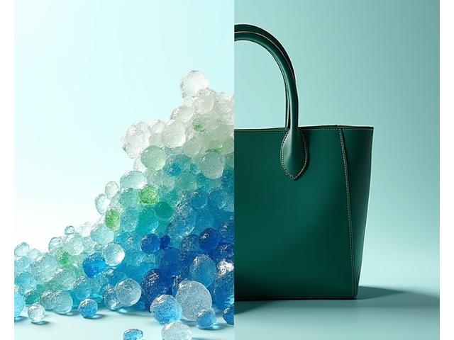 Close-up of strands of colorful recycled ocean plastic pellets, alongside a finished, elegant handbag made from the same material, illustrating transformation.