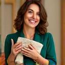 A friendly, professional sustainable fashion stylist, smiling warmly, holding a selection of eco-friendly accessories like a cork clutch and a recycled necklace.