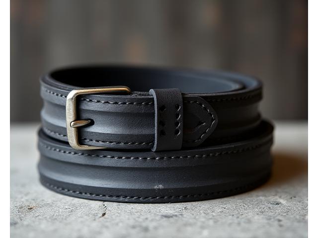 Close-up of a stylish belt made from upcycled bicycle tires with a minimalist metal buckle, emphasizing textured materials.