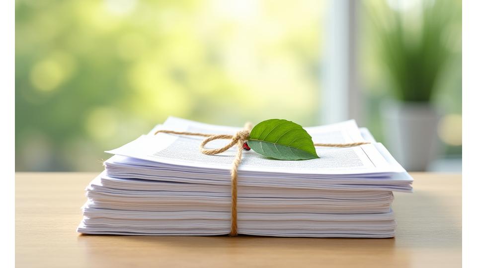 Elegant documents with a subtle hint of green foliage and a small ladybug accent, symbolizing careful legal framework for eco-friendly business. Designed for clarity and trust.