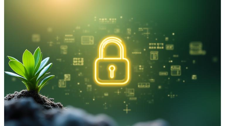 Digital lock icon over a subtly blurred background of credit cards and a plant, symbolizing secure and eco-friendly transactions. Primary colors used: #4CAF50, #2E2E2E.