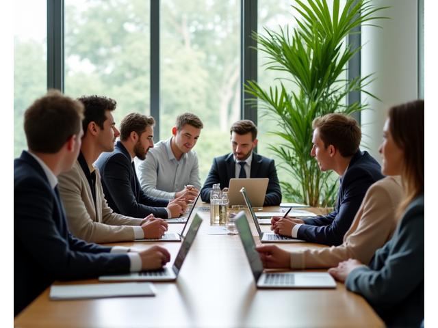 Diverse team of professionals collaborating with laptops and notebooks in a bright, modern meeting room, reflecting corporate training and sustainability discussions.