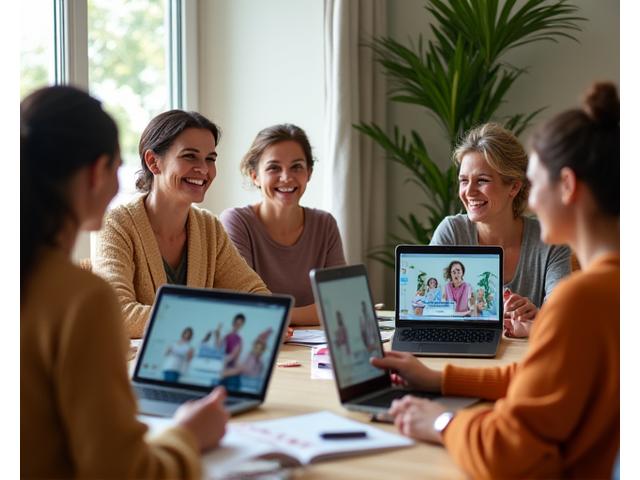 Diverse group of people actively participating in an online workshop, some taking notes, others engaging in a group discussion via video call, conveying interaction and real-world application. Focus on natural light and warm tones.
